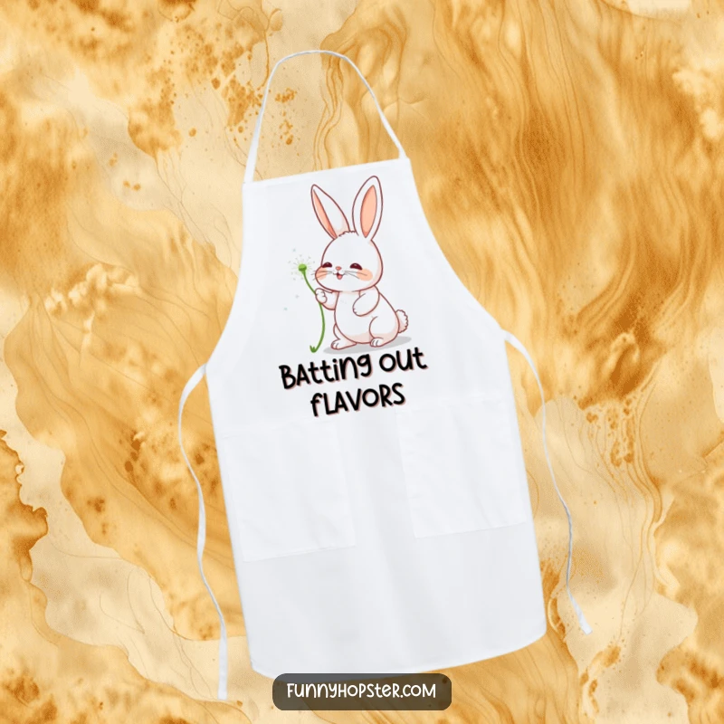 Funny apron featuring a rabbit character playfully batting at a floating dandelion seed, perfect for lighthearted cooking.