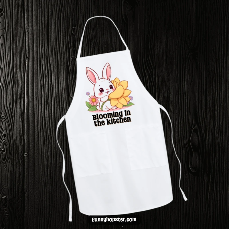 Funny apron featuring a surprised kawaii rabbit discovering a giant flower, perfect for kitchen protection with a natural touch.