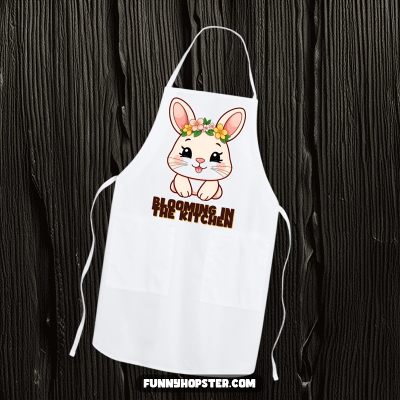 Funny apron featuring a smiling rabbit character wearing a tiny flower crown, perfect for cooking with a side of humor.