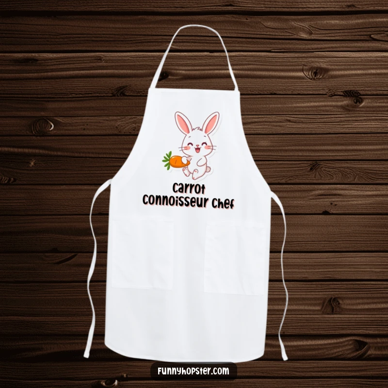 Funny happy rabbit character hopping with a carrot on a whimsical and practical kitchen apron.