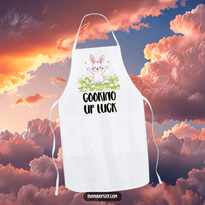 Funny Apron designed with a happy rabbit dancing in a clover field, adding whimsical fun to cooking.