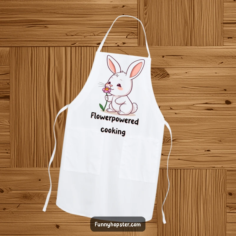 Funny apron with a rabbit wiggling its nose with enthusiasm while sniffing a flower, ideal for kitchen or garden.