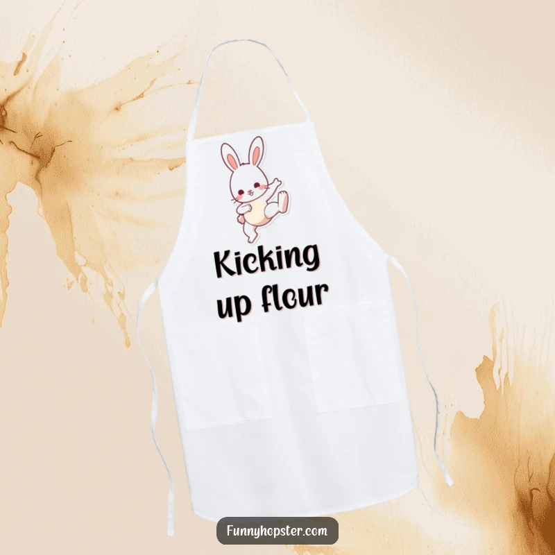 Funny Bunny Kick Apron: A practical apron featuring a bunny in a cute kick pose, adding playful energy to the kitchen, perfect funny gift.