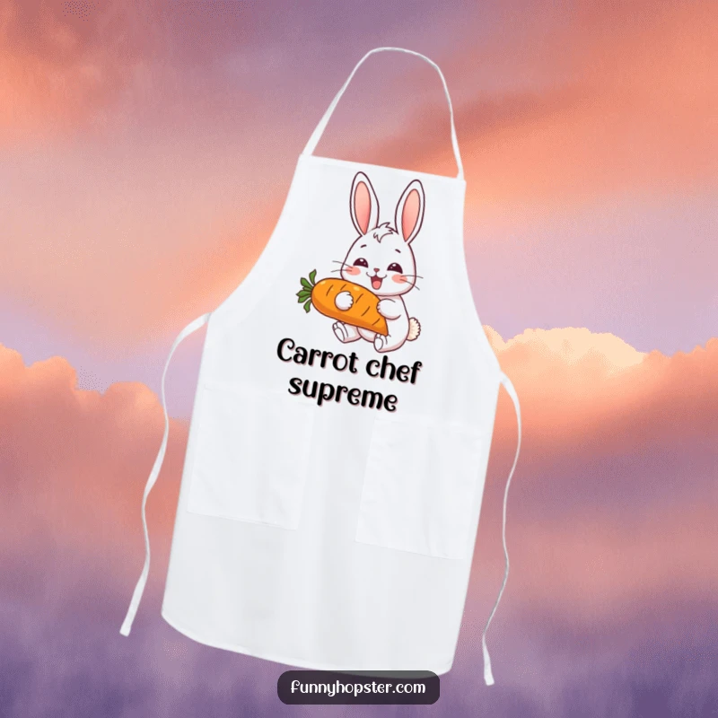 Funny apron with a cheerful rabbit, ears up, happily munching a large carrot, ideal for kitchen fun.