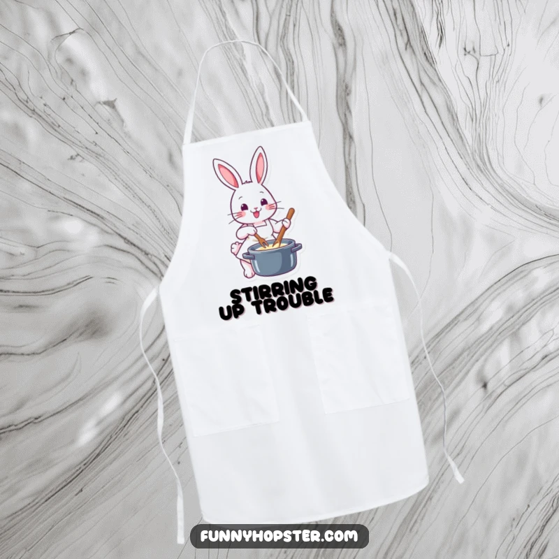 Funny chef rabbit in a tiny apron, expertly stirring a pot, printed on a high-quality apron for aspiring home chefs.