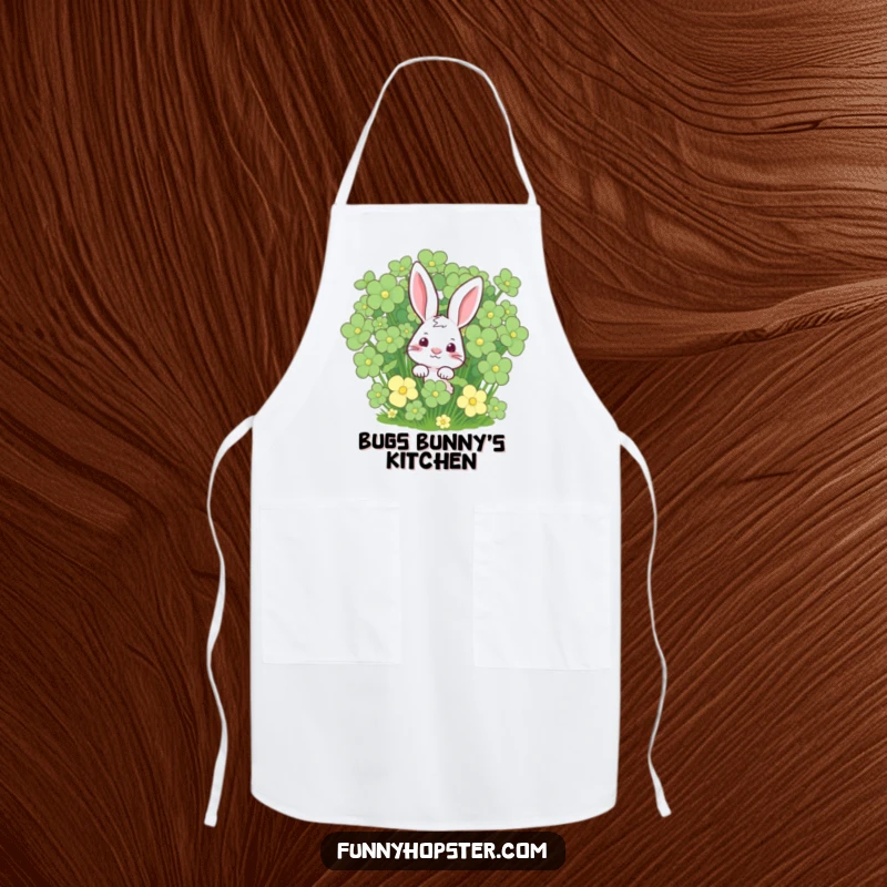 Funny chef rabbit wearing a clover apron, peeking curiously, ready to cook with luck, a great funny gift.