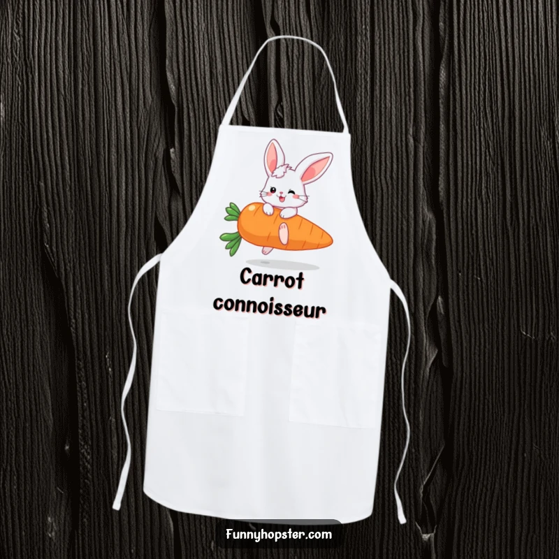 Funny apron displaying a fluffy bunny character with huge ears joyfully bouncing on a giant carrot, ready for kitchen fun.