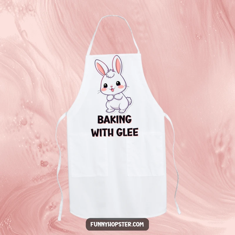 Funny apron featuring a giddy rabbit with its tail wiggling excitedly, designed for kitchen use with cheerful humor.