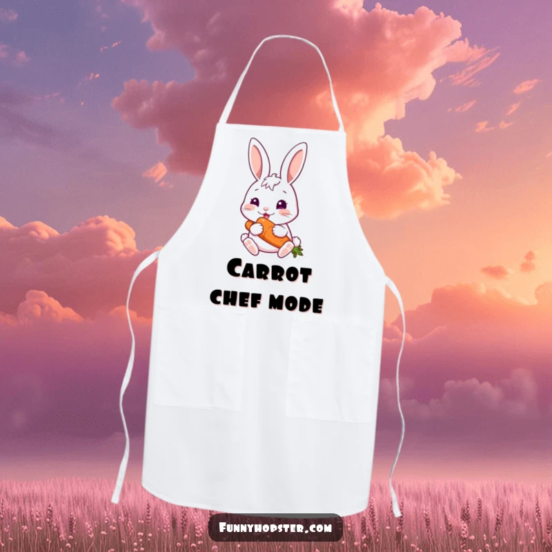 Funny rabbit happily eating a carrot, designed for a funny apron.