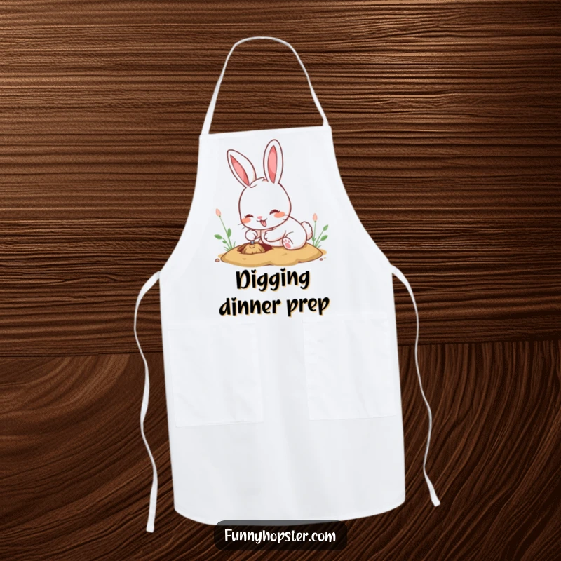Funny kawaii rabbit apron showing a cute bunny digging with immense effort and a cheerful, determined expression while cooking.