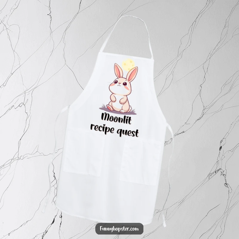 Funny apron featuring a rabbit character looking up at the moon with a sense of awe and wonder.
