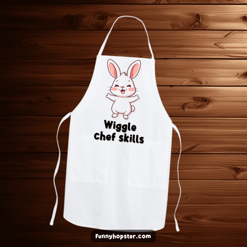 Funny apron featuring a cartoon rabbit doing a joyful wiggle, ideal for adding humor while cooking.
