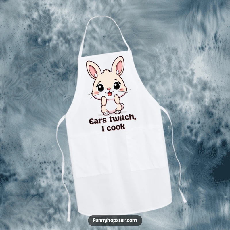 Funny apron featuring a surprised rabbit with perked ears, designed for kitchen use with a humorous and whimsical touch.