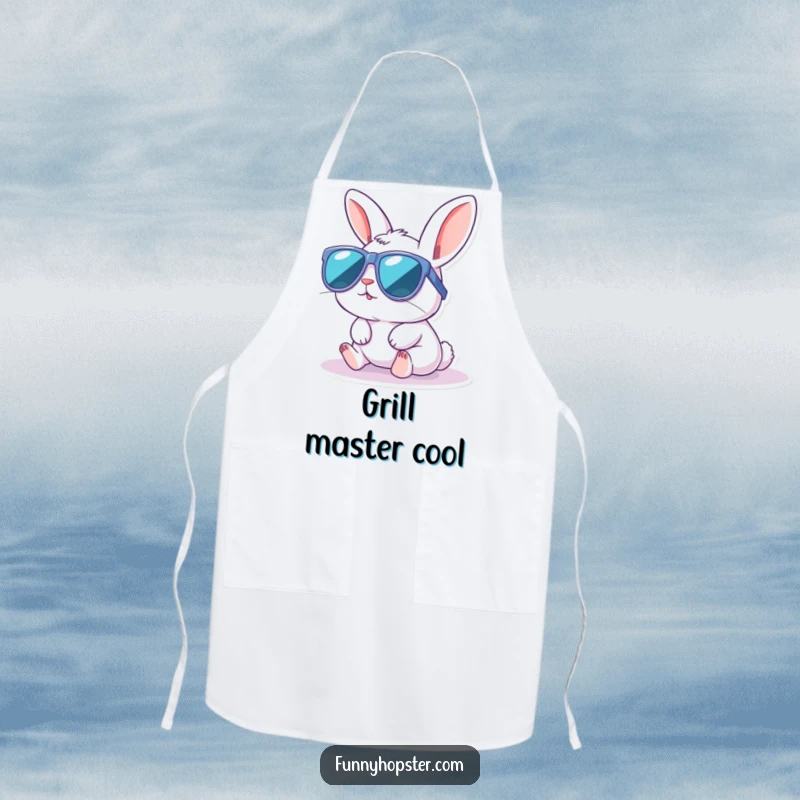 Funny apron depicting a kawaii rabbit wearing oversized sunglasses, enjoying a sunbath, perfect for adding cool style to cooking.