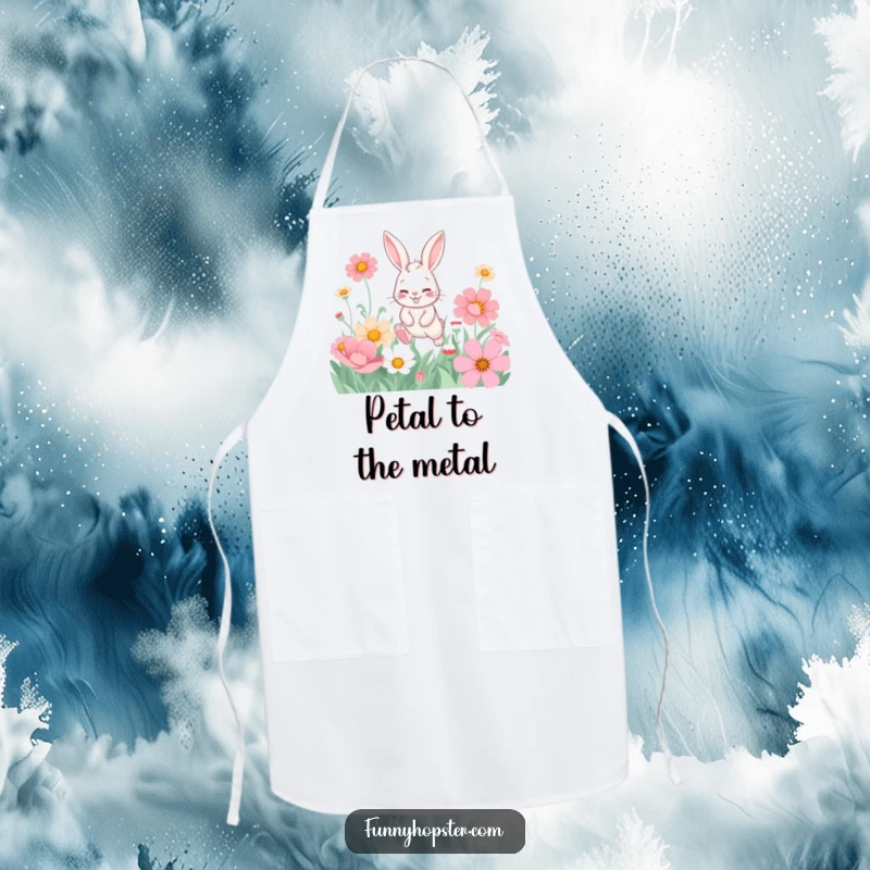 Funny apron with a playful rabbit character and a mischievous grin hopping through oversized flowers, ready for kitchen fun.