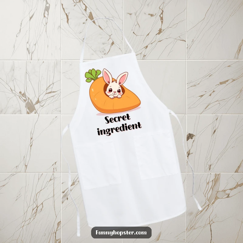 Funny apron with a curious rabbit peeking from a giant carrot, perfect for a playful and secretive cooking experience.