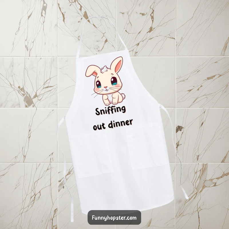 Funny apron featuring a curious rabbit character with its nose twitching, adding intrigue and humor to kitchen adventures.