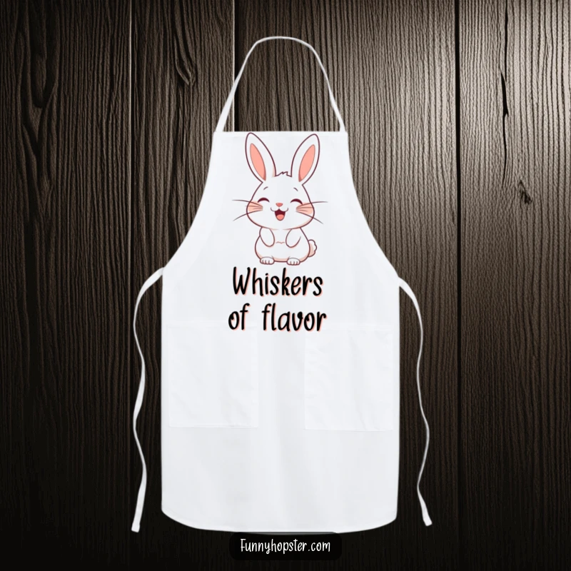 Funny apron with a stylized rabbit character featuring exaggerated whiskers wagging with pure delight, ready for kitchen fun.