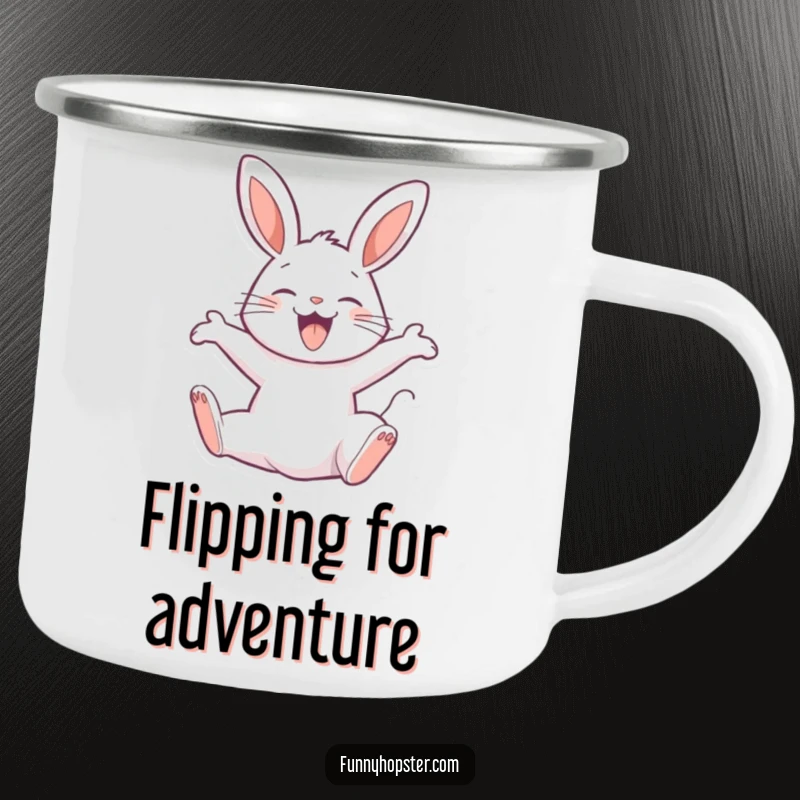 Funny camping mug featuring a joyful rabbit character performing a happy backflip, ideal for outdoor activities and spirited enjoyment.