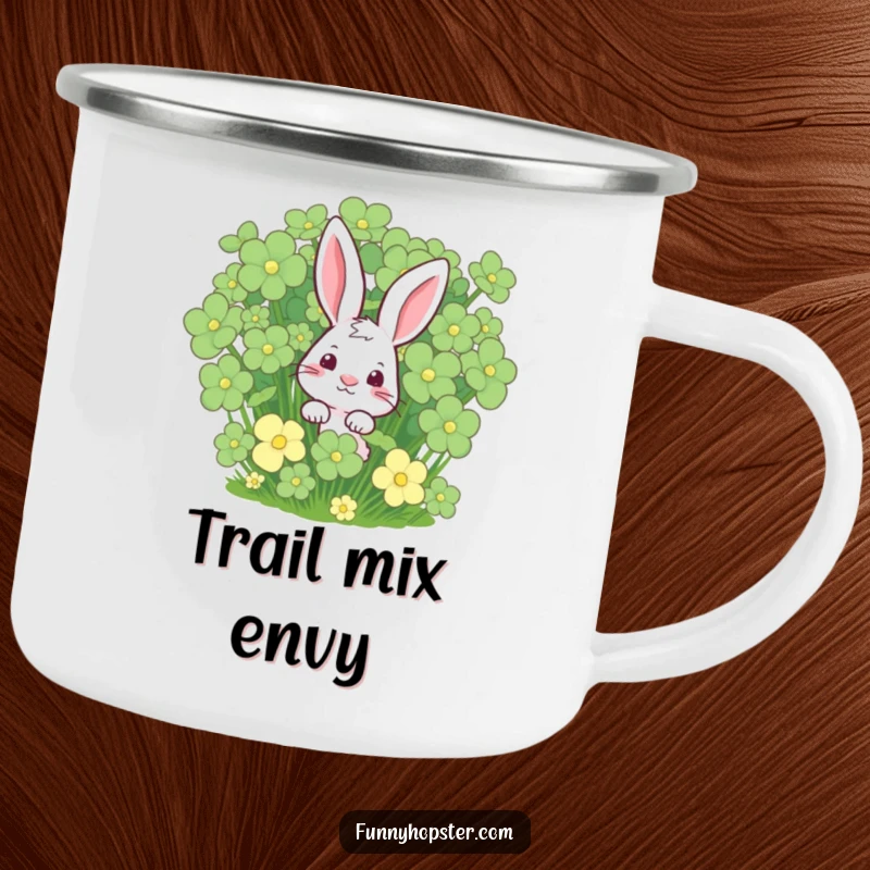 Funny rabbit peeking from a clover patch on a metal camping mug, ready for adventure, a perfect funny gift.