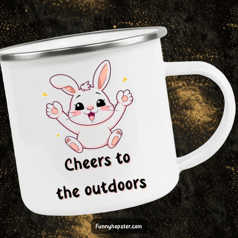 Funny Bunny Celebration Camping Mug: A durable mug featuring a bunny celebrating with paws up, perfect for outdoor cheer, ideal funny gift.