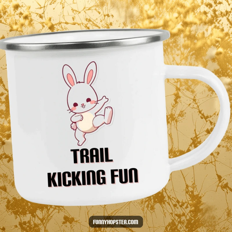Funny Bunny Kick Camping Mug: A tough mug featuring a bunny mid-kick, bringing playful energy to outdoor trips, perfect funny gift.