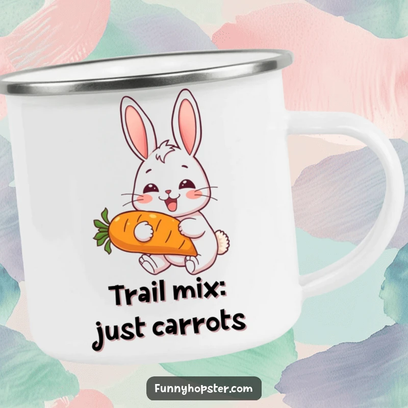Funny camping mug with a cheerful rabbit, ears up, joyfully eating a large carrot, perfect for outdoor brews.