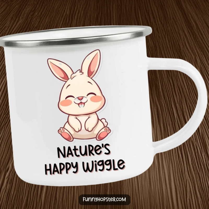 Funny bunny wiggling its nose with delight, perfect for a camping mug, funny outdoor gift.