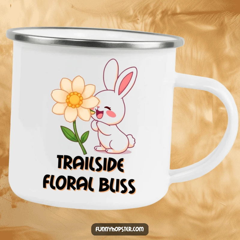 Funny kawaii rabbit character sniffing a giant flower with delight during a camping trip, perfect for a funny mug.