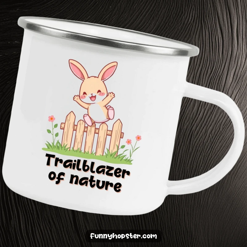 Funny rabbit character leaping with pure delight over a small garden fence, designed on a durable camping mug.