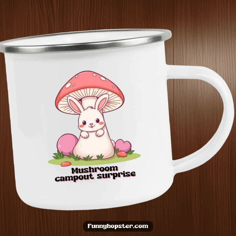 Funny camping mug with a mischievous rabbit peeking from behind a giant mushroom, for outdoor fun.