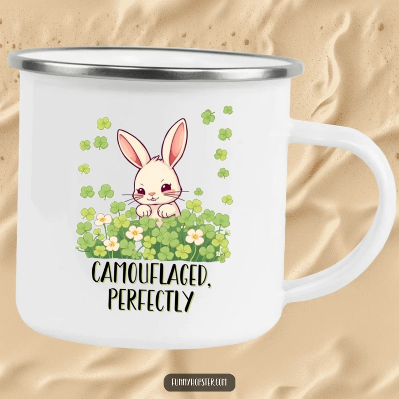 Funny camping mug featuring a mischievous rabbit hiding in clover, designed for outdoor adventures with a playful, secretive touch.