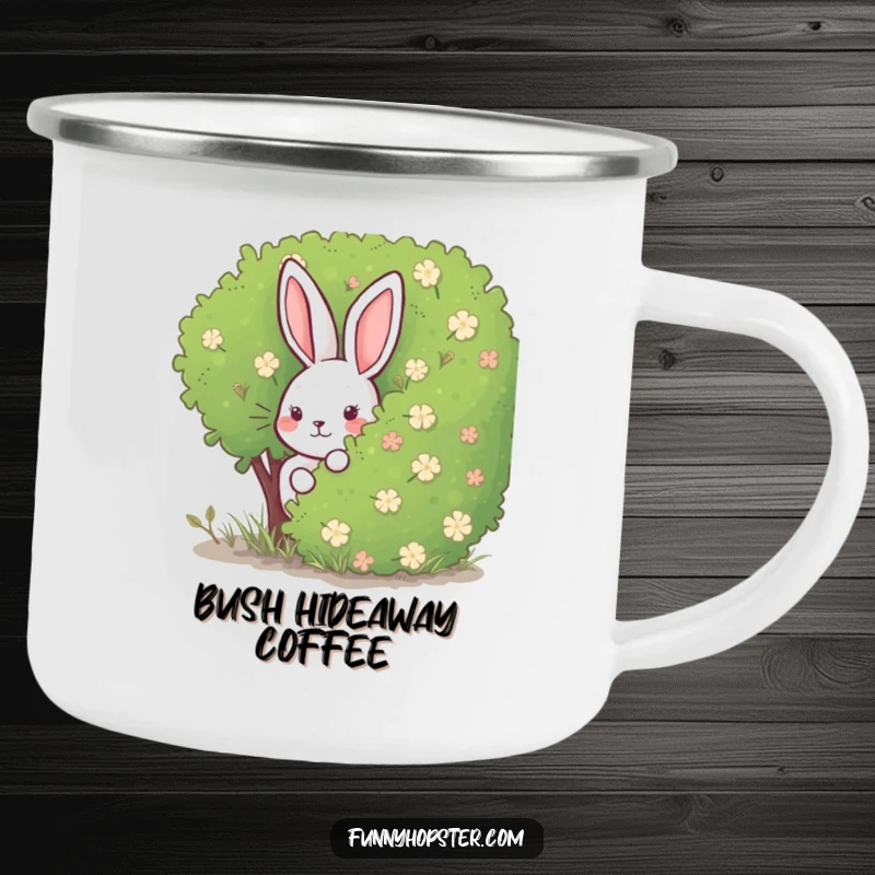 Funny Rabbit Camping Mug: A durable outdoor mug featuring a rabbit hiding behind a bush, bringing playful charm and fun to camp coffee.