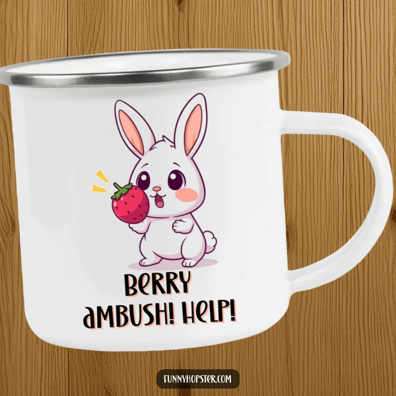 Funny camping mug with a startled rabbit, eyes wide, reacting to a bouncing berry, for outdoor enthusiasts.