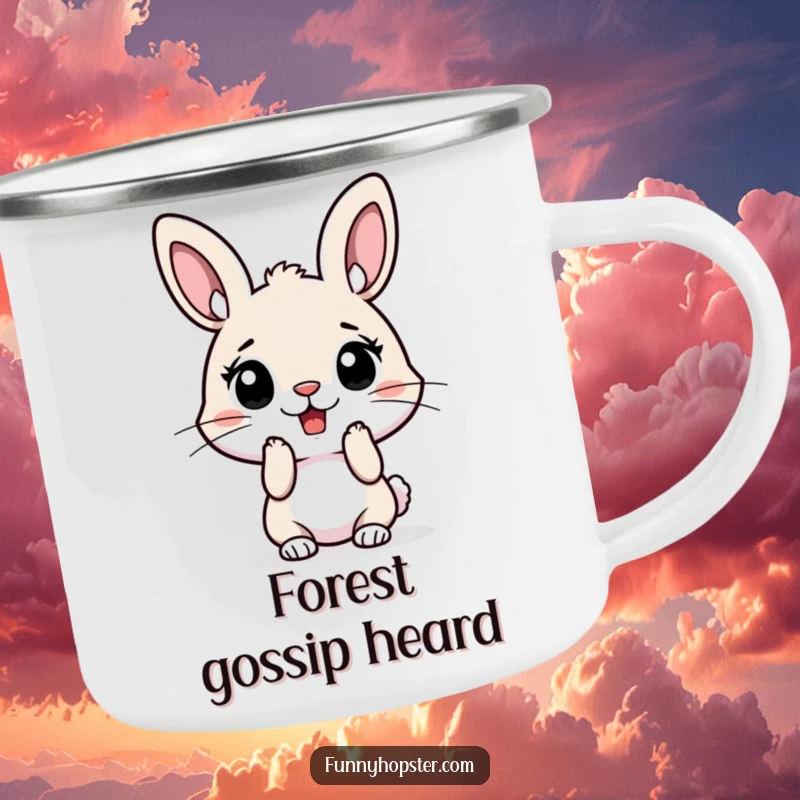 Funny camping mug featuring a surprised rabbit with perked ears, designed for outdoor adventures with a humorous expression.