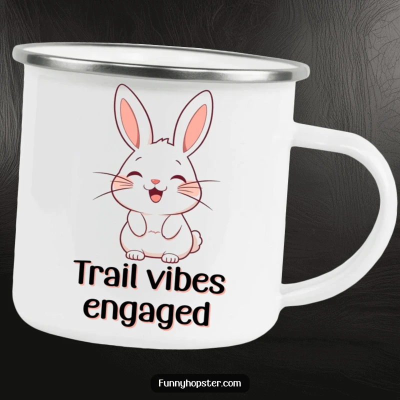 Funny camping mug with a stylized rabbit character and exaggerated whiskers wagging with pure delight, ready for adventure.