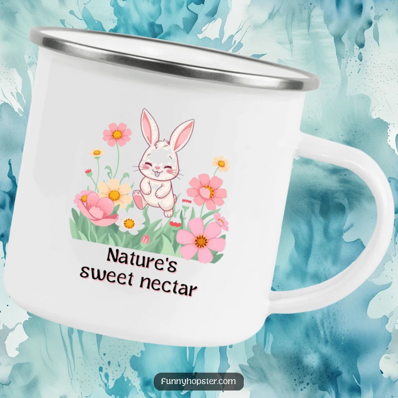 Funny camping mug with a playful rabbit and a mischievous grin hopping through oversized flowers, ready for adventure.