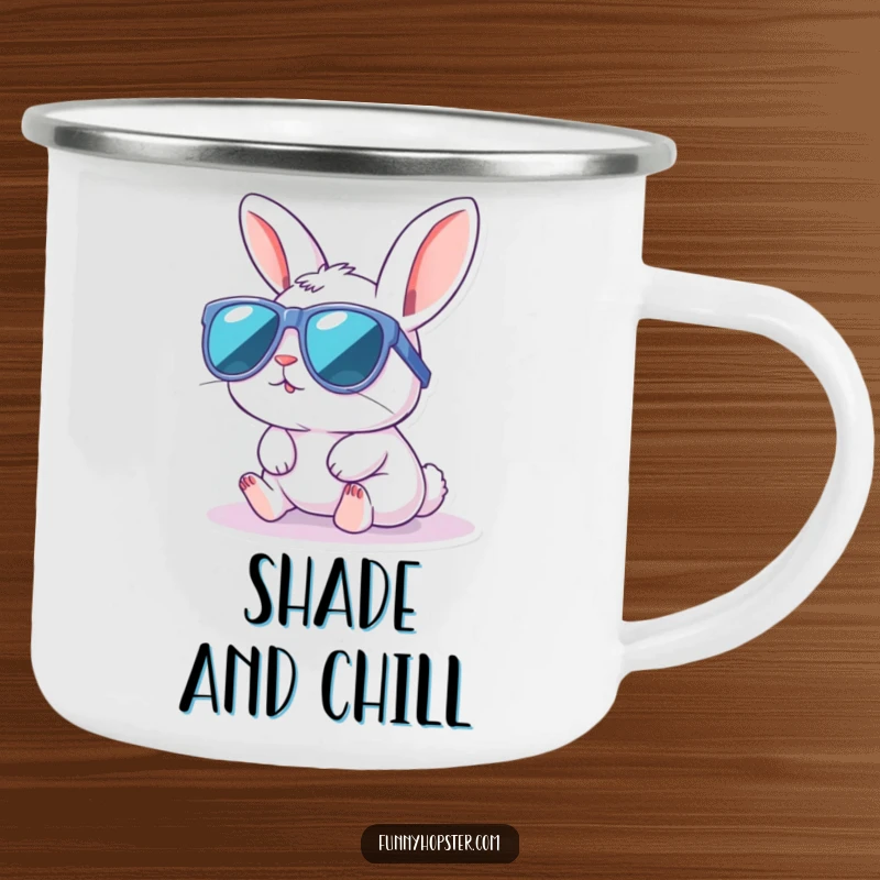 Funny camping mug featuring a kawaii rabbit wearing sunglasses, enjoying a sunbath, perfect for cool outdoor adventures.