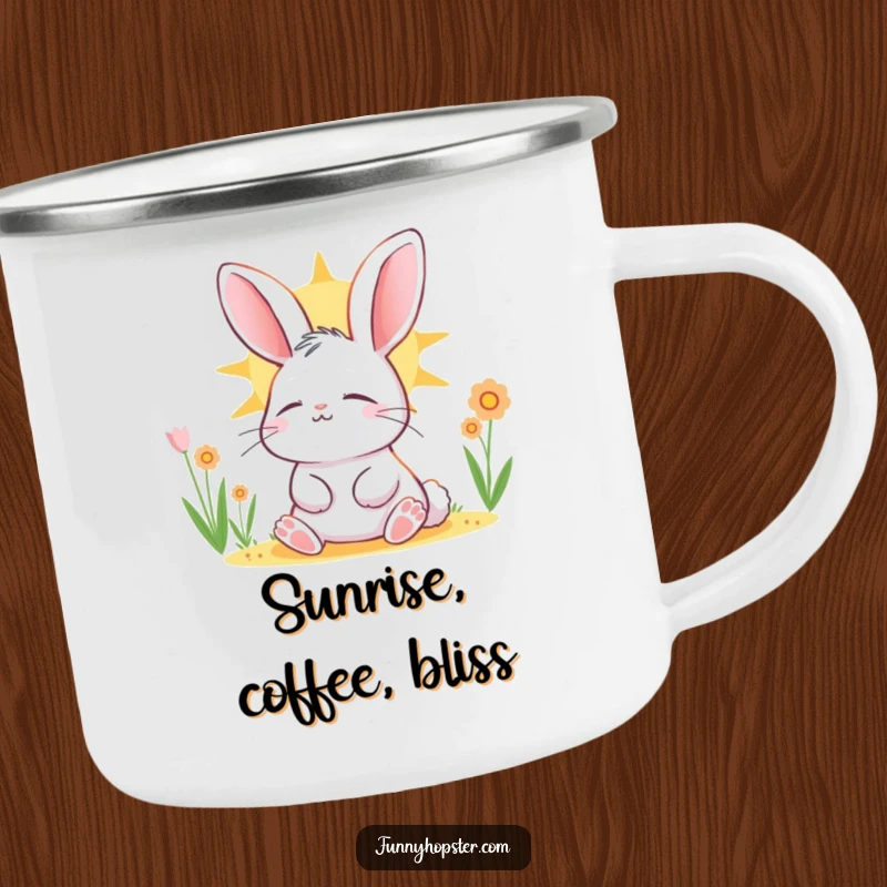 Funny rabbit character basking in the sun, eyes closed in contentment, designed on a durable camping mug.
