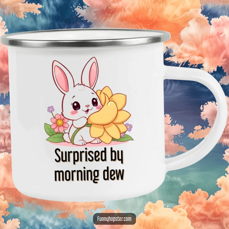 Funny camping mug with a surprised kawaii rabbit discovering a giant flower, durable and perfect for outdoor nature enthusiasts.