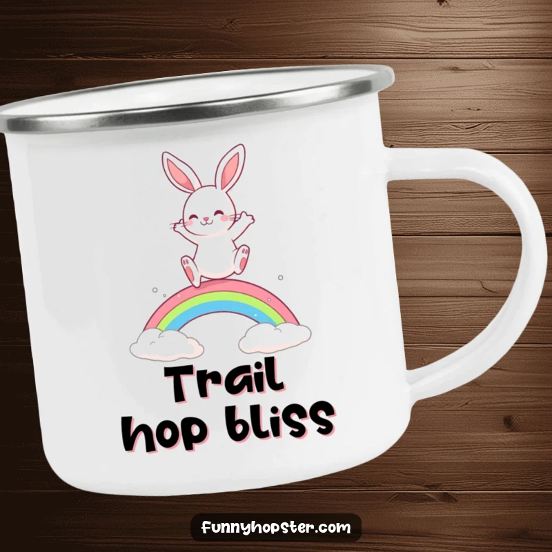 Funny Rabbit Camping Mug: A playful rabbit leaps over a rainbow, perfect for fun outdoor moments.
