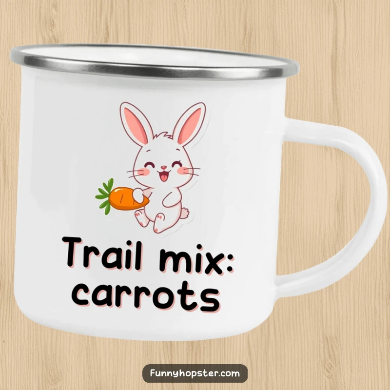 Funny happy rabbit character hopping with a carrot on a durable enamel camping mug for outdoor fun.