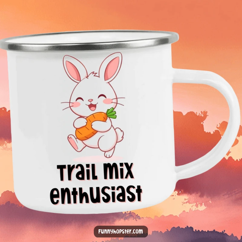 Funny Kawaii Rabbit Camping Mug: Durable enamel mug featuring a happy hopping bunny with a carrot, for outdoor use.