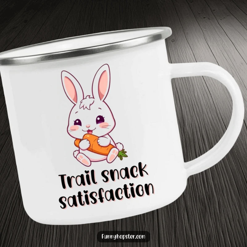 Funny rabbit happily eating a carrot, designed for a camping mug, perfect for outdoor funny gift.