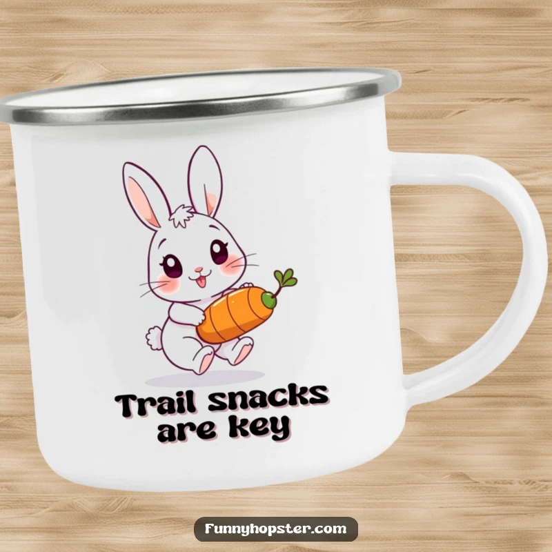 Funny camping mug featuring a playful rabbit character chasing a bouncing carrot, ideal for outdoor activities and spirited enjoyment.