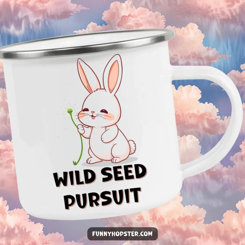 Funny camping mug featuring a rabbit character playfully batting at a dandelion seed, perfect for outdoor fun.