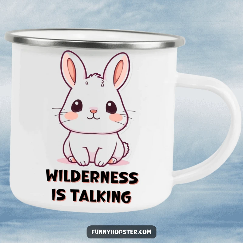 Funny kawaii rabbit camping mug showing a cute bunny with ears perked up, listening intently, perfect for quiet contemplation outdoors.