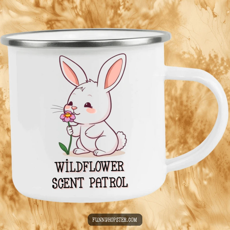 Funny camping mug with a rabbit wiggling its nose while sniffing a flower, for outdoor enjoyment.
