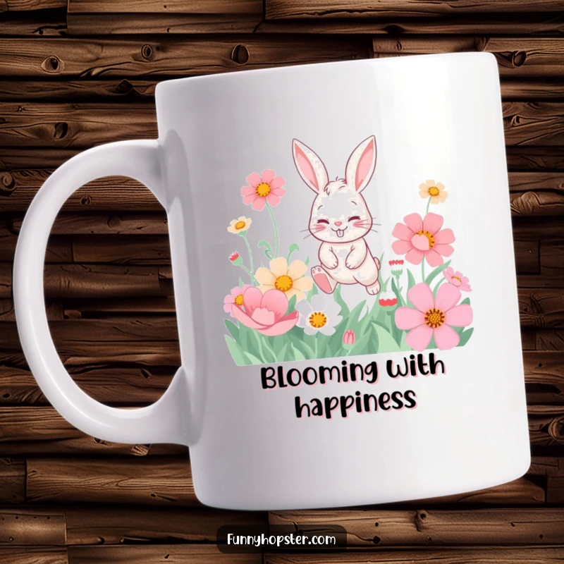 Funny mug with a playful rabbit character sporting a mischievous grin while hopping through a field of huge, colorful flowers.