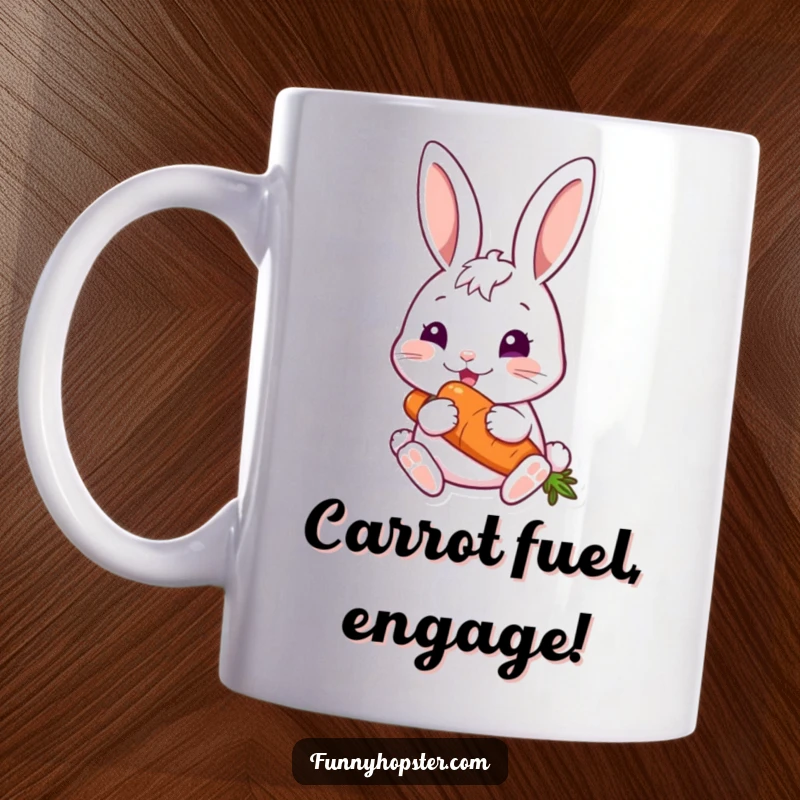 Funny rabbit character with a contented expression happily eating a large carrot, perfect for a funny mug.